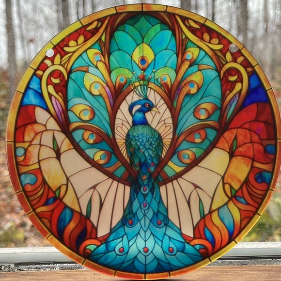 Suncatcher Blue Peacock Bird Decorative Window Wall Decor Faux Stained Glass 6” - Picture 3 of 3